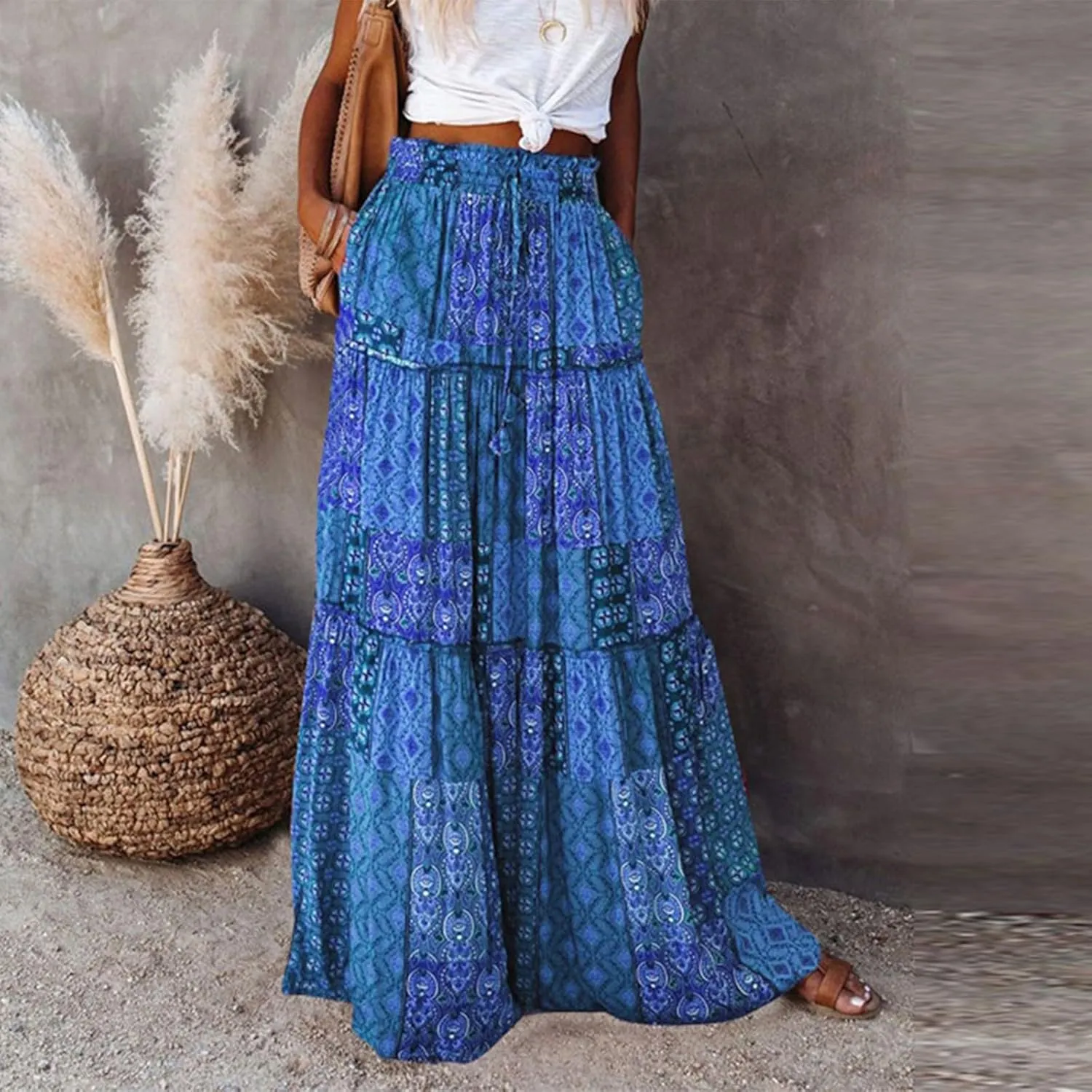 Womens Summer Boho Flowy Swing Tiered A-Line Midi Skirt 2025 Fashion Trendy Elastic Waist Pleated Long Beach Dress