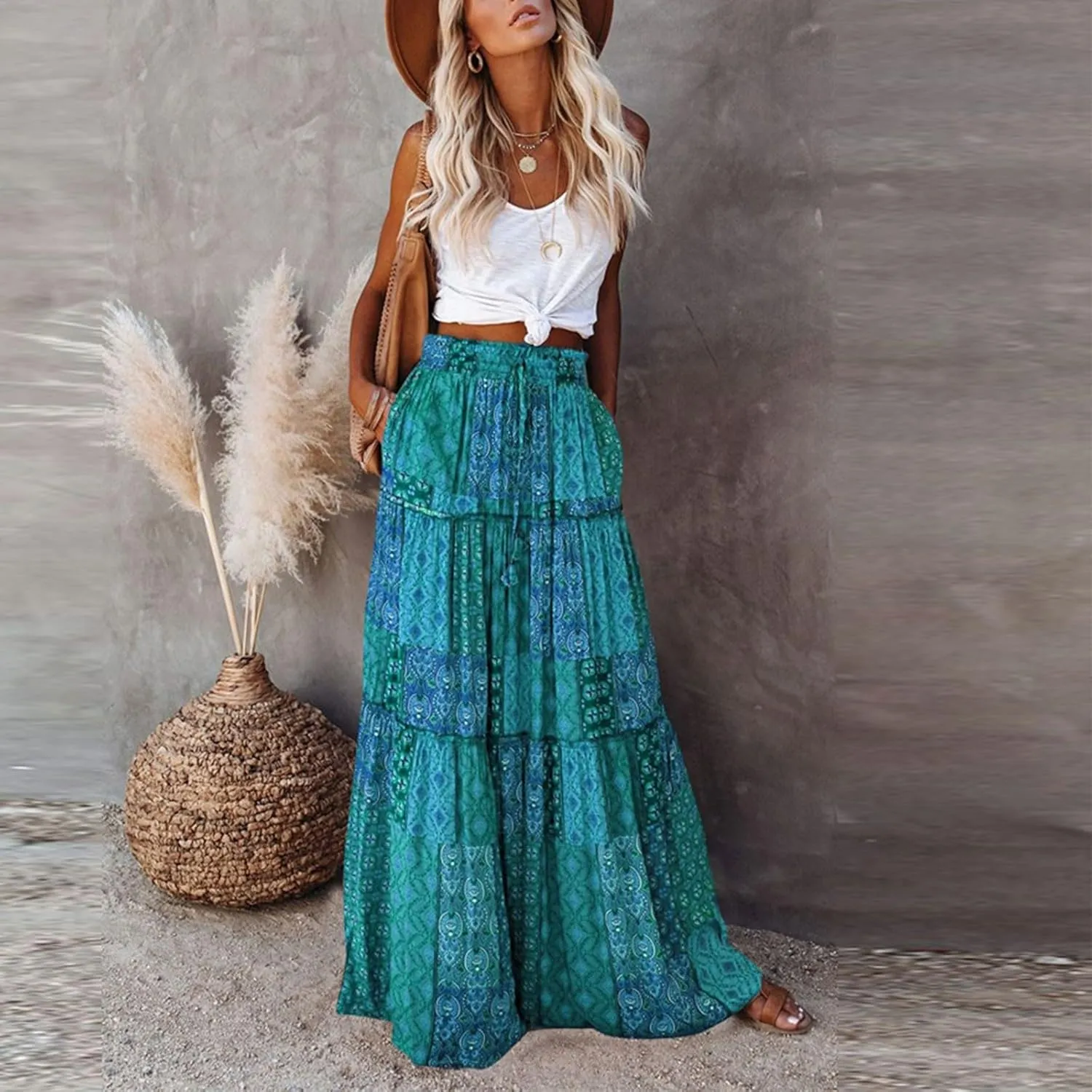 Womens Summer Boho Flowy Swing Tiered A-Line Midi Skirt 2025 Fashion Trendy Elastic Waist Pleated Long Beach Dress