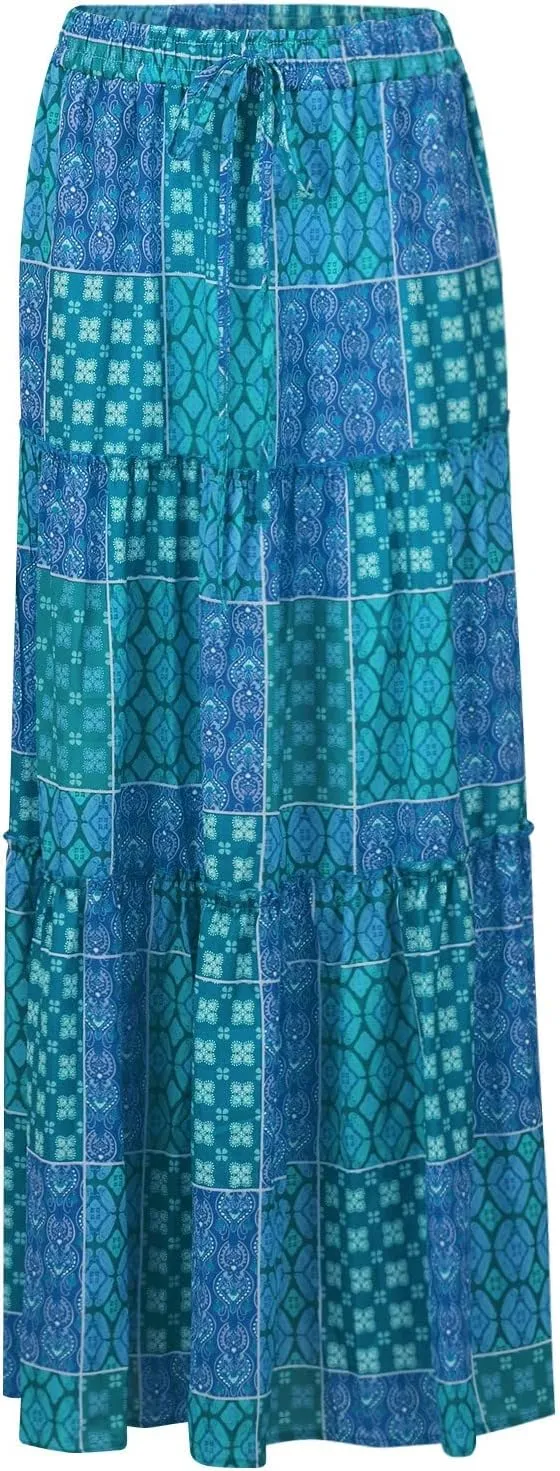 Womens Summer Boho Flowy Swing Tiered A-Line Midi Skirt 2025 Fashion Trendy Elastic Waist Pleated Long Beach Dress