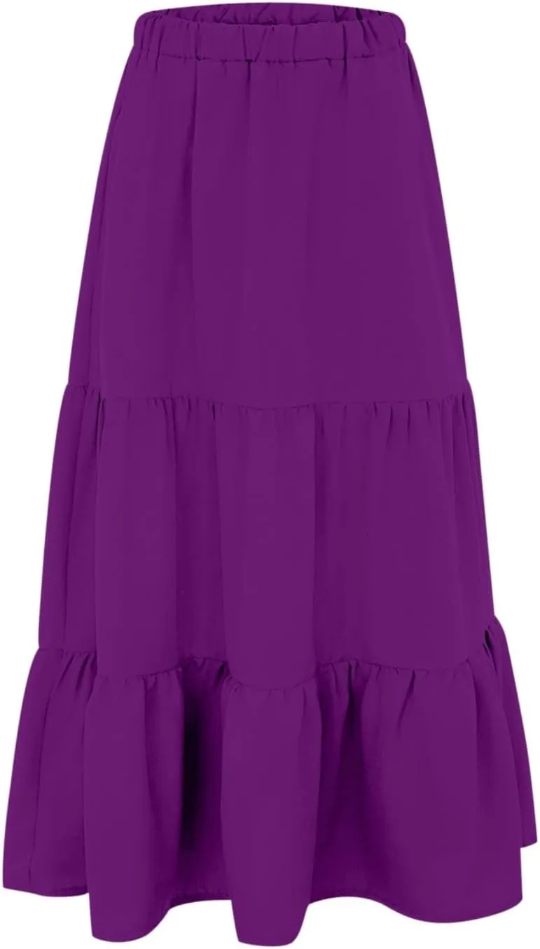 Women's Summer Boho Maxi Skirts Elastic High Waist Pleated A-Line Flowy Ruffle Tiered Long Beach Vacation Skirt