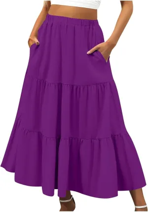 Women's Summer Boho Maxi Skirts Elastic High Waist Pleated A-Line Flowy Ruffle Tiered Long Beach Vacation Skirt