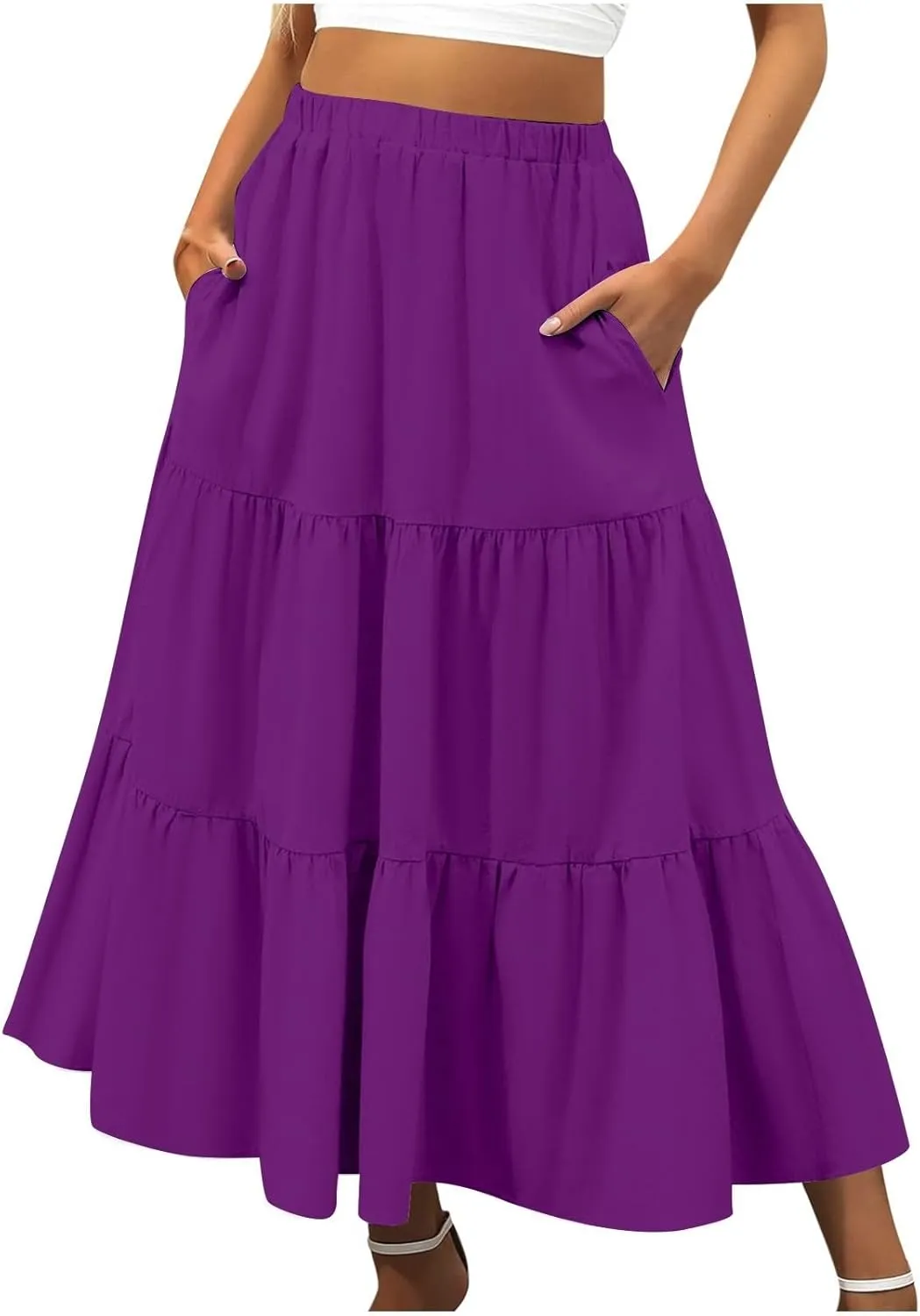 Women's Summer Boho Maxi Skirts Elastic High Waist Pleated A-Line Flowy Ruffle Tiered Long Beach Vacation Skirt