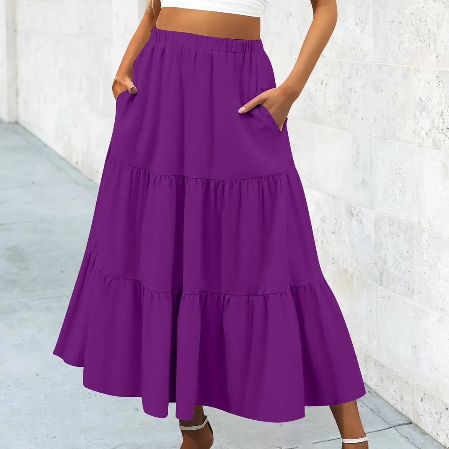 Women's Summer Boho Maxi Skirts Elastic High Waist Pleated A-Line Flowy Ruffle Tiered Long Beach Vacation Skirt