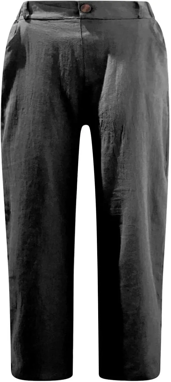 Women's Summer Capri Pants 2025 Cotton Linen Straight Leg Cropped Trousers High Waist Casual Pant with Pockets