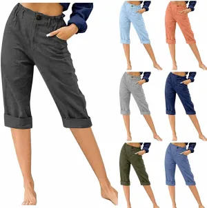 Women's Summer Capri Pants 2025 Cotton Linen Straight Leg Cropped Trousers High Waist Casual Pant with Pockets