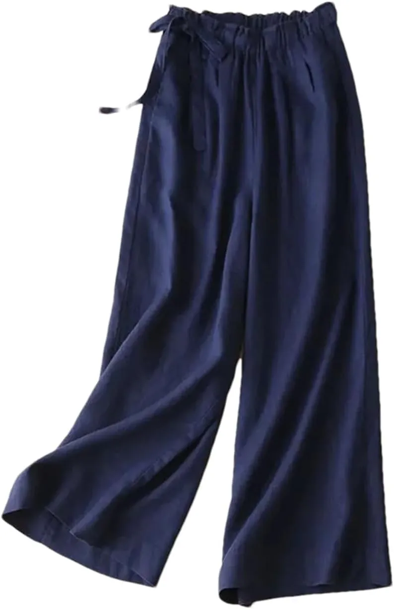 Women's Summer Elastic Waist Cotton Linen Pants  Casual Straight Leg Ankle-Length Trousers for Women