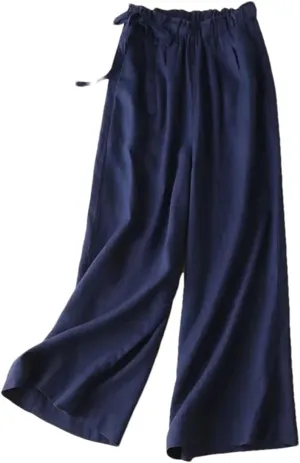 Women's Summer Elastic Waist Cotton Linen Pants  Casual Straight Leg Ankle-Length Trousers for Women