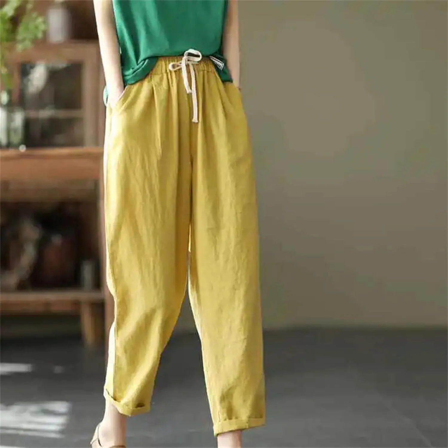 Women's Summer Loose Cotton Linen Pants  Solid Color Casual All-Match Cropped Trousers for Ladies