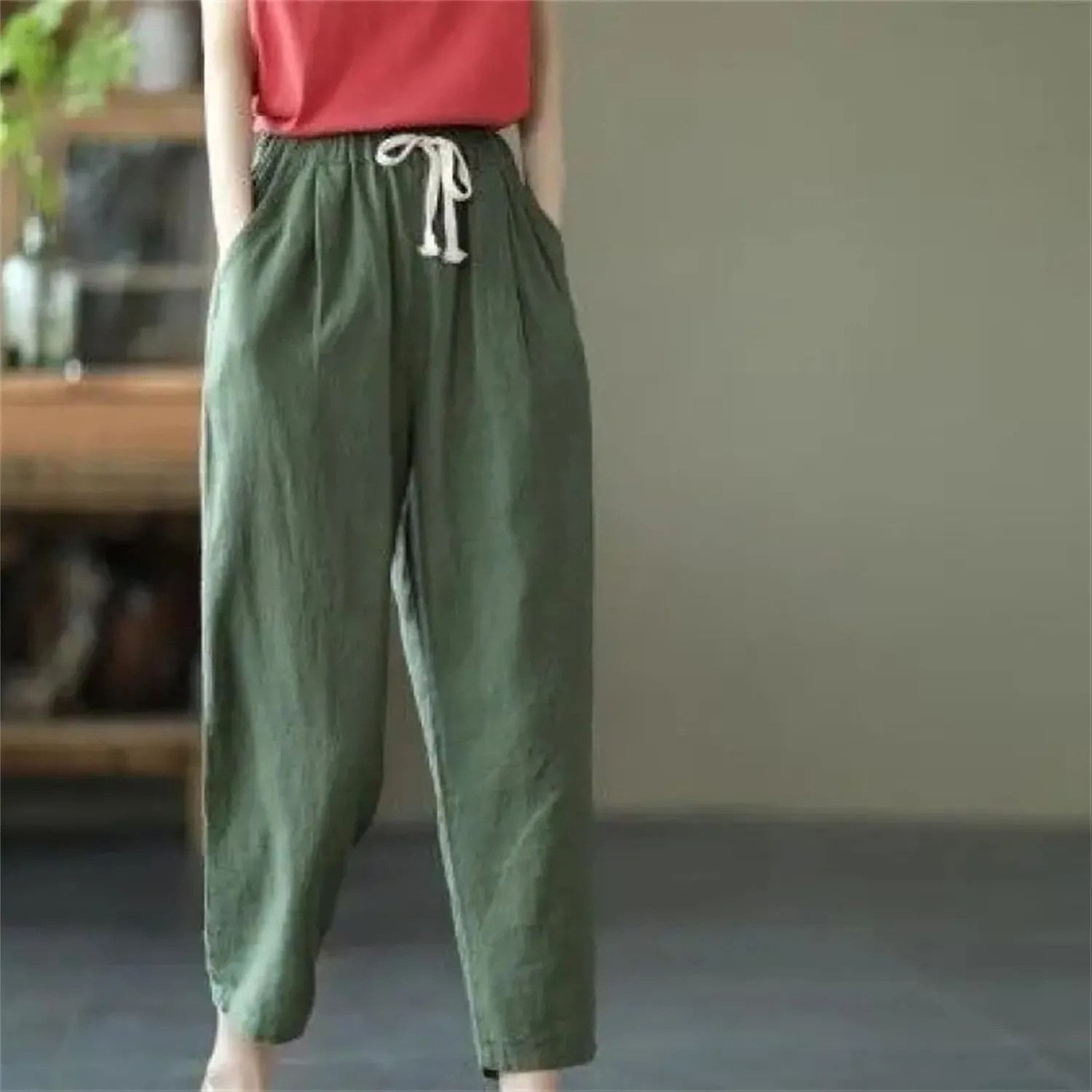 Women's Summer Loose Cotton Linen Pants  Solid Color Casual All-Match Cropped Trousers for Ladies