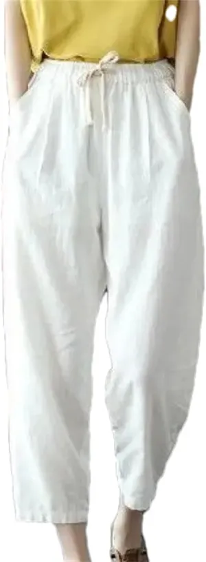 Women's Summer Loose Cotton Linen Pants  Solid Color Casual All-Match Cropped Trousers for Ladies