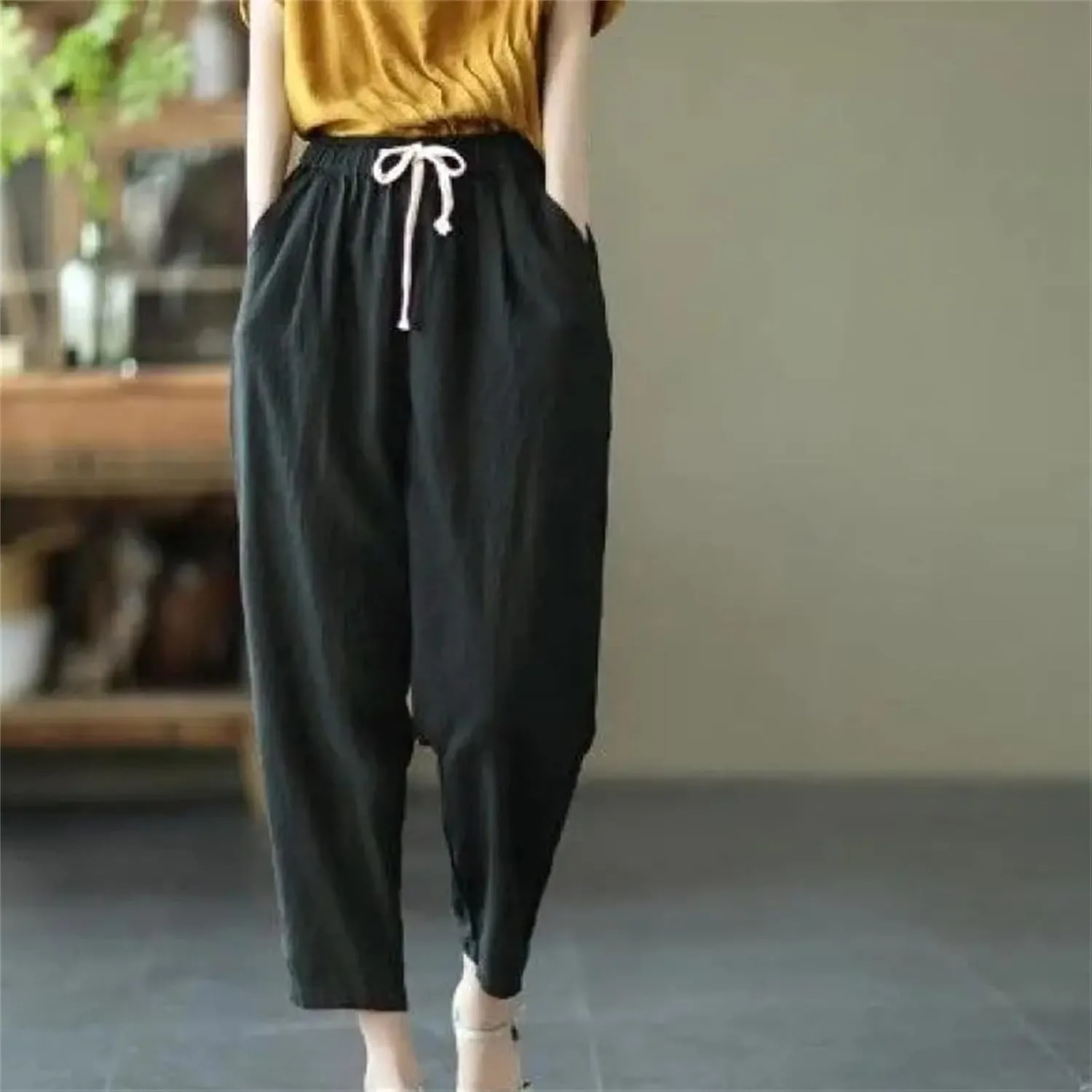 Women's Summer Loose Cotton Linen Pants  Solid Color Casual All-Match Cropped Trousers for Ladies
