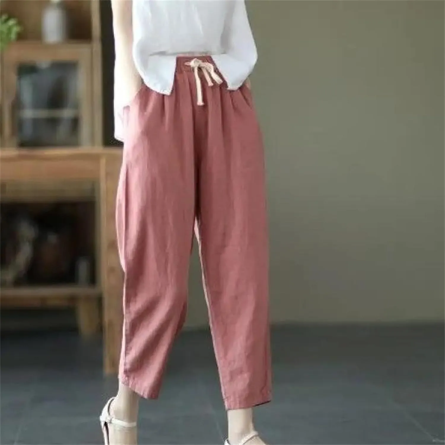 Women's Summer Loose Cotton Linen Pants  Solid Color Casual All-Match Cropped Trousers for Ladies