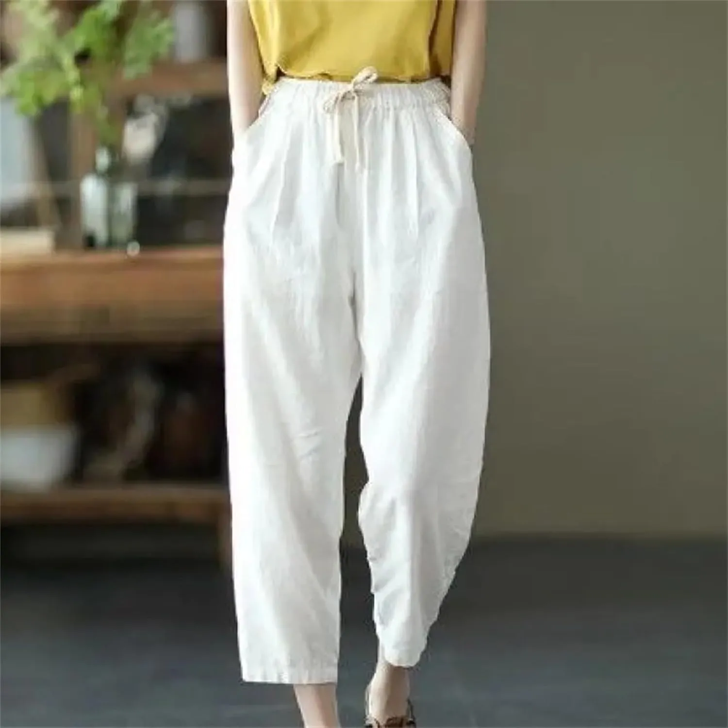 Women's Summer Loose Cotton Linen Pants  Solid Color Casual All-Match Cropped Trousers for Ladies