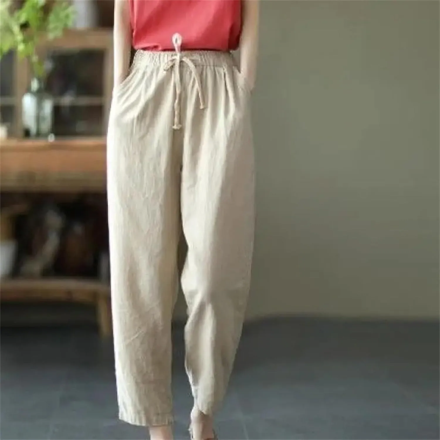 Women's Summer Loose Cotton Linen Pants  Solid Color Casual All-Match Cropped Trousers for Ladies