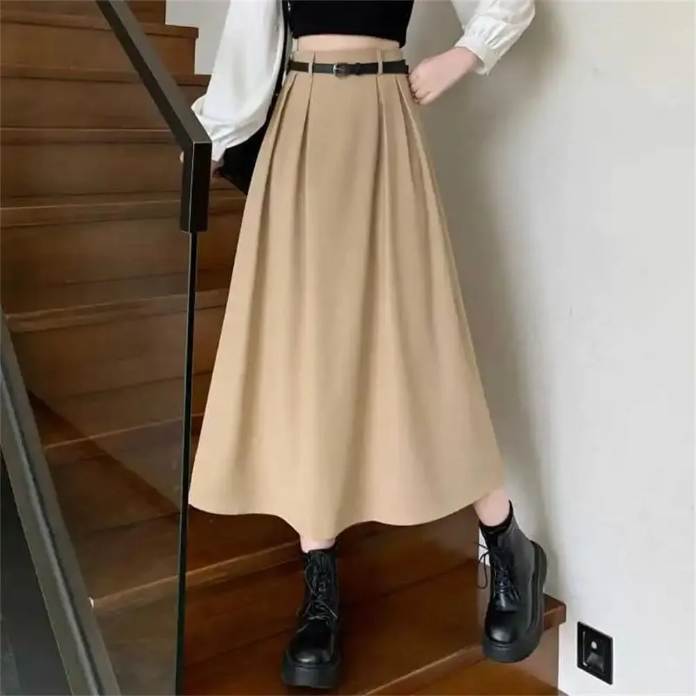 Women's Summer Midi A-Line Skirt High Waist Slim Fit Solid Color Skirt