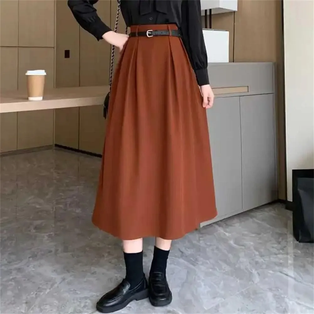 Women's Summer Midi A-Line Skirt High Waist Slim Fit Solid Color Skirt