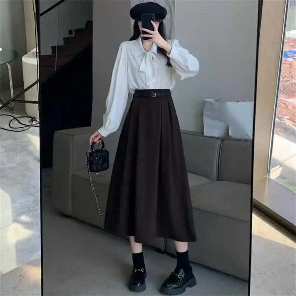 Women's Summer Midi A-Line Skirt High Waist Slim Fit Solid Color Skirt