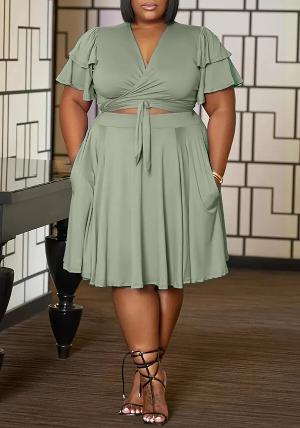 Women's Summer Plus Size 2 Piece Outfits Casual Short Sleeve Bandage Wrap Empire Crop Tops and Midi Skirt Sets