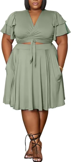 Women's Summer Plus Size 2 Piece Outfits Casual Short Sleeve Bandage Wrap Empire Crop Tops and Midi Skirt Sets
