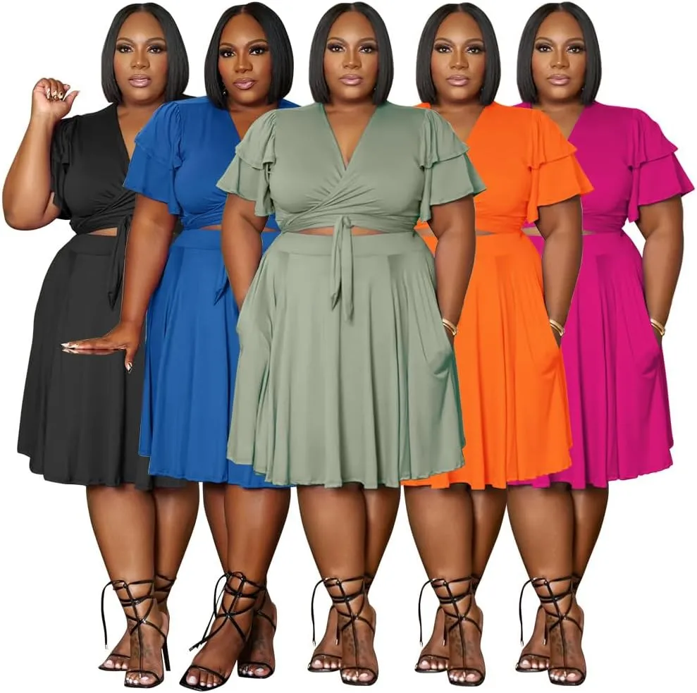 Women's Summer Plus Size 2 Piece Outfits Casual Short Sleeve Bandage Wrap Empire Crop Tops and Midi Skirt Sets