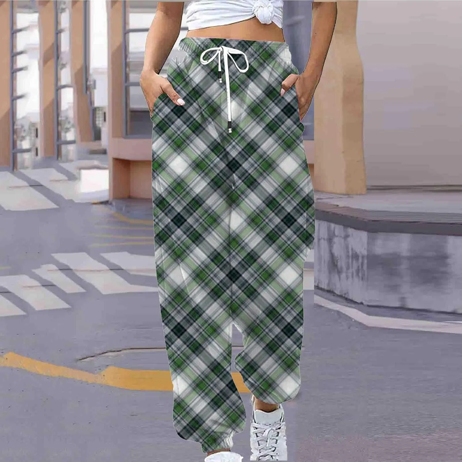 Womens Sweatpants Trendy Plaid Drawstring High Waist Active Workout Trousers Baggy Casaul Joggers Pants with Pockets