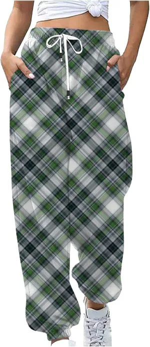 Womens Sweatpants Trendy Plaid Drawstring High Waist Active Workout Trousers Baggy Casaul Joggers Pants with Pockets
