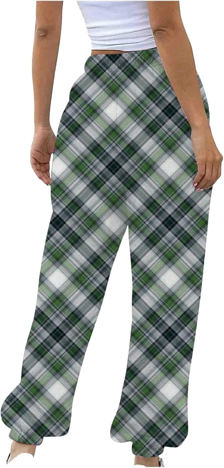 Womens Sweatpants Trendy Plaid Drawstring High Waist Active Workout Trousers Baggy Casaul Joggers Pants with Pockets