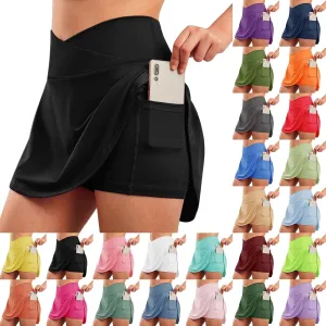 Womens Tennis Skirts High Waisted Cross Waist Skirts Built-in Shorts Athletic Workout Golf Running Skorts with Pockets
