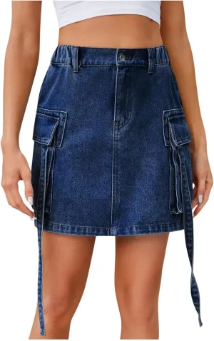 Women's Trendy Denim Cargo Skirt Elastic High Waisted Pencil Skirts with Cargo Pockets Casual Button Mini Jean Skirt