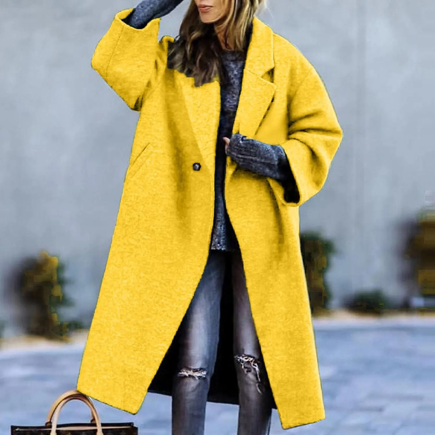Women's Trendy Fall Winter Trench Coats Plain Woolen Coats Windbreaker Cardigan Button Pocket Long Overcoat