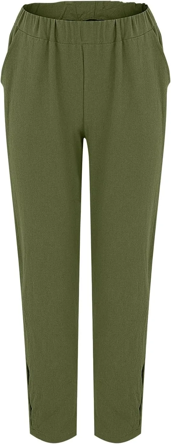 Women's Trendy Linen Pants Summer Casual Loose Elastic Waist Lounge Pants Hollow Out Yoga Beach Trousers with Pockets