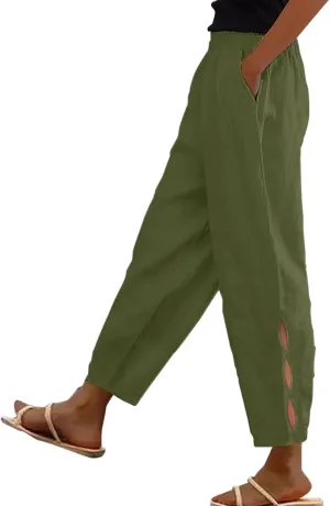 Women's Trendy Linen Pants Summer Casual Loose Elastic Waist Lounge Pants Hollow Out Yoga Beach Trousers with Pockets