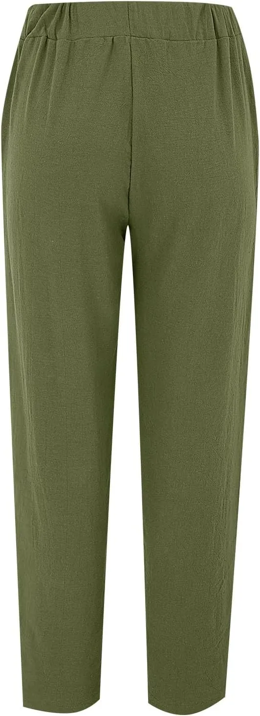 Women's Trendy Linen Pants Summer Casual Loose Elastic Waist Lounge Pants Hollow Out Yoga Beach Trousers with Pockets
