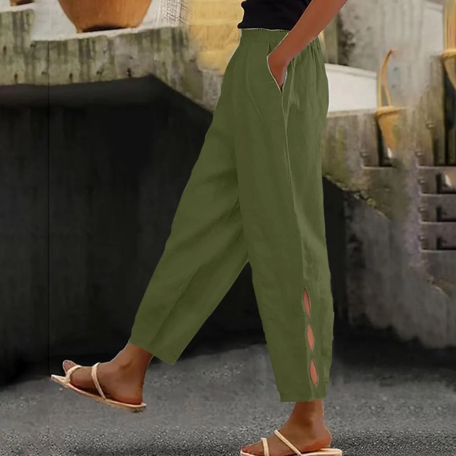 Women's Trendy Linen Pants Summer Casual Loose Elastic Waist Lounge Pants Hollow Out Yoga Beach Trousers with Pockets