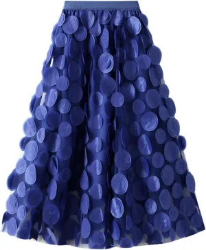 Women's Tulle Midi Skirt Polka Dot Elastic High Waist Mesh Tutu Skirts Solid Color Fairy A-line Party Clubwear Skirt