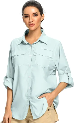 Women's UPF 50 Long Sleeve Safari Shirts,Sun Protection Quick Dry Outdoor Fishing Hiking Gardening Shirt (6 Light Blue, X-Large)
