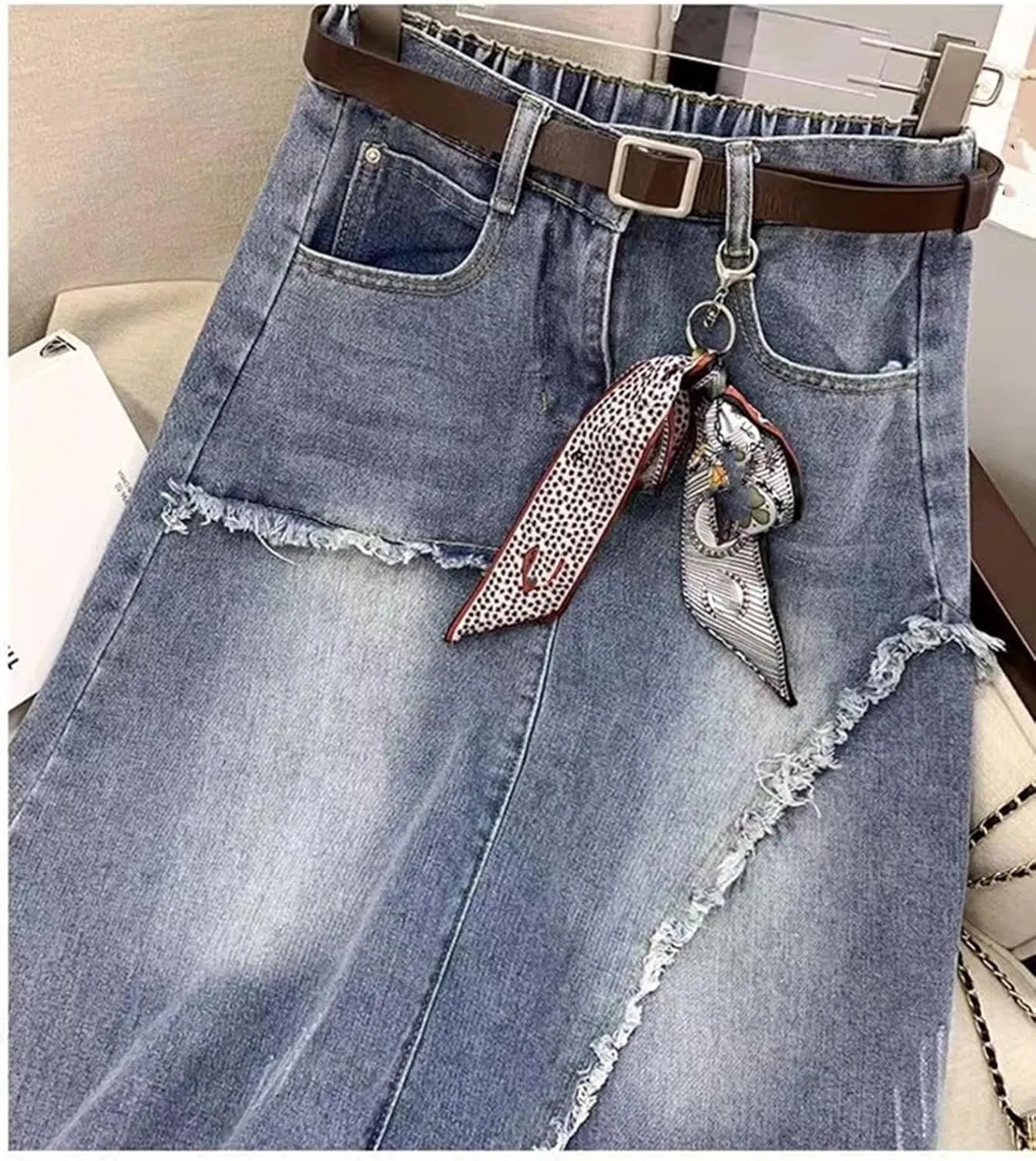 Women's Vintage Tassel A-Line Jeans Skirts High Waisted Casual Slim Denim Skirt