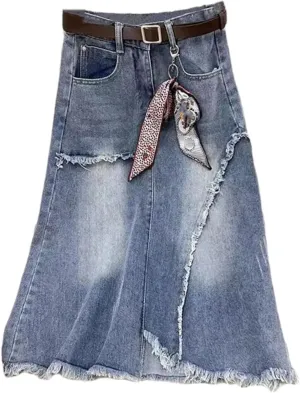 Women's Vintage Tassel A-Line Jeans Skirts High Waisted Casual Slim Denim Skirt