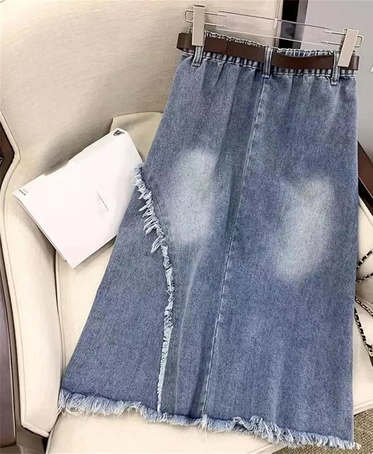 Women's Vintage Tassel A-Line Jeans Skirts High Waisted Casual Slim Denim Skirt