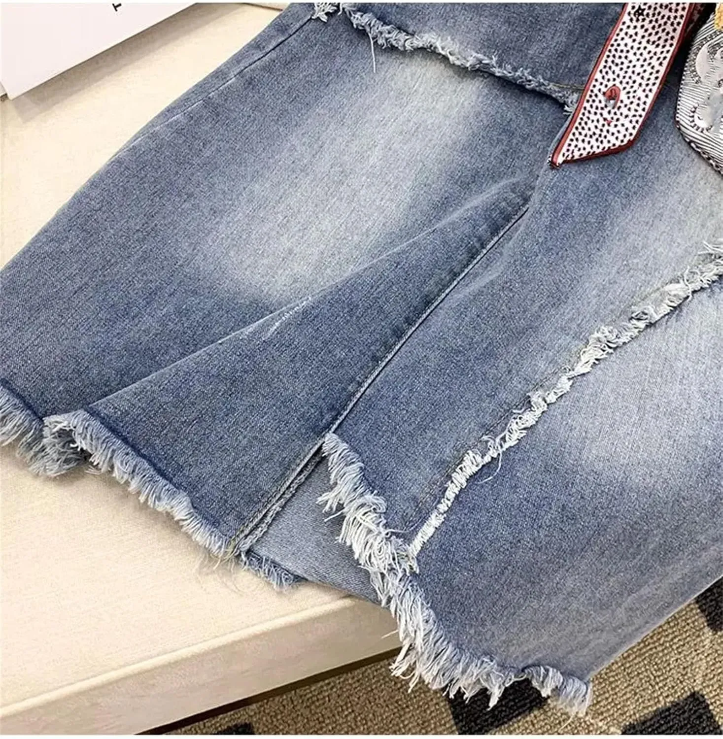 Women's Vintage Tassel A-Line Jeans Skirts High Waisted Casual Slim Denim Skirt