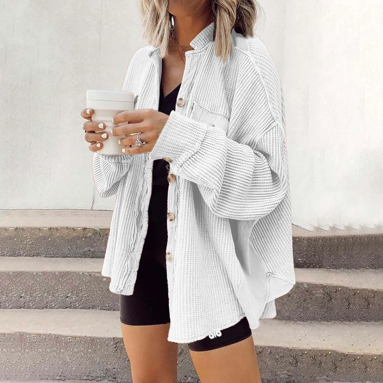 Womens Waffle Knit Button Down Shirts Casual Long Sleeve Shacket Jacket Fall Fashion 2023 Outerwear Jackets Coats