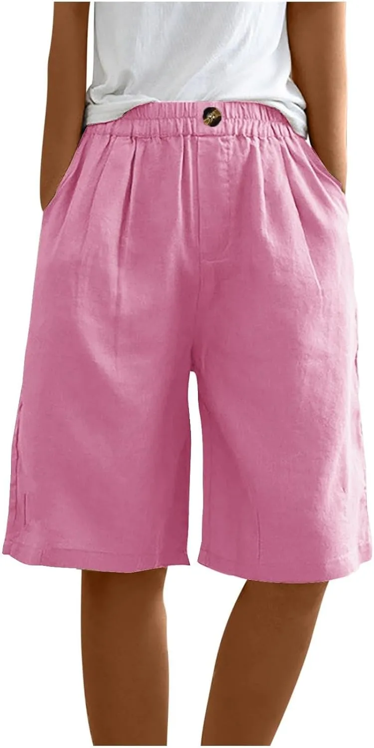 Womens Wide Leg Cotton Linen Shorts Comfy Bermuda Shorts Summer Casual Short Pants Loose Knee Length Shorts