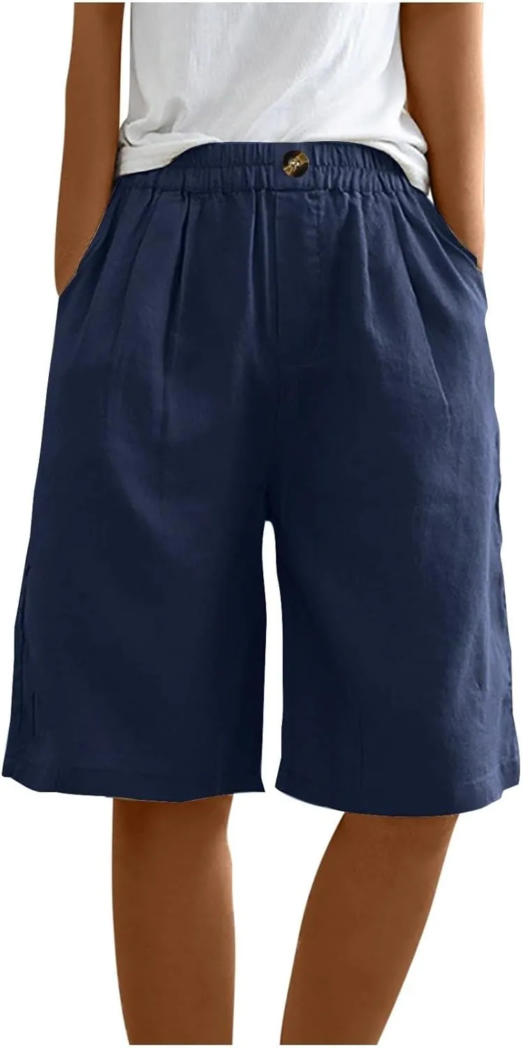 Womens Wide Leg Cotton Linen Shorts Comfy Bermuda Shorts Summer Casual Short Pants Loose Knee Length Shorts