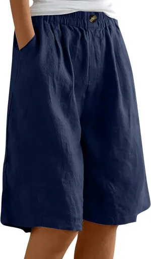 Womens Wide Leg Cotton Linen Shorts Comfy Bermuda Shorts Summer Casual Short Pants Loose Knee Length Shorts