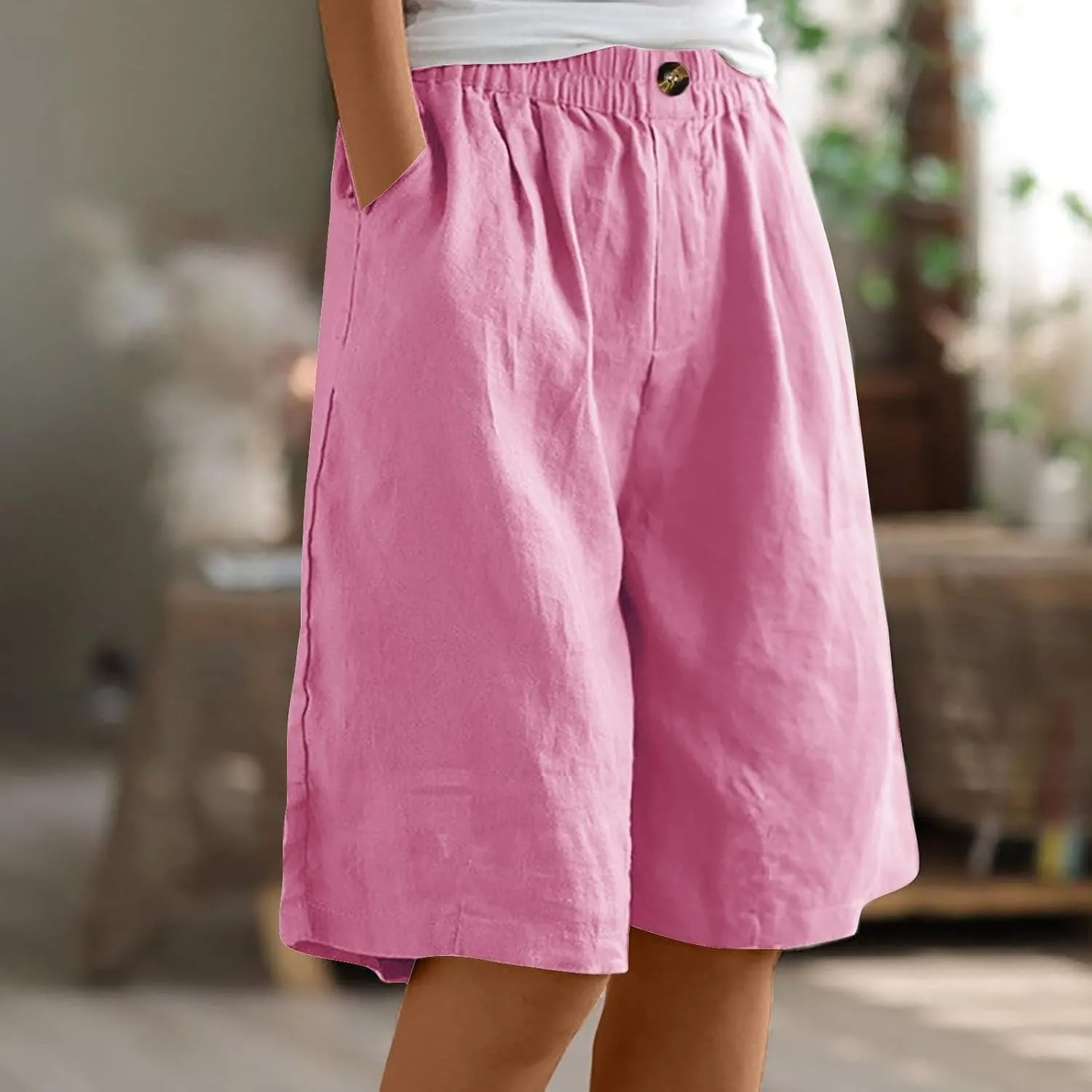 Womens Wide Leg Cotton Linen Shorts Comfy Bermuda Shorts Summer Casual Short Pants Loose Knee Length Shorts