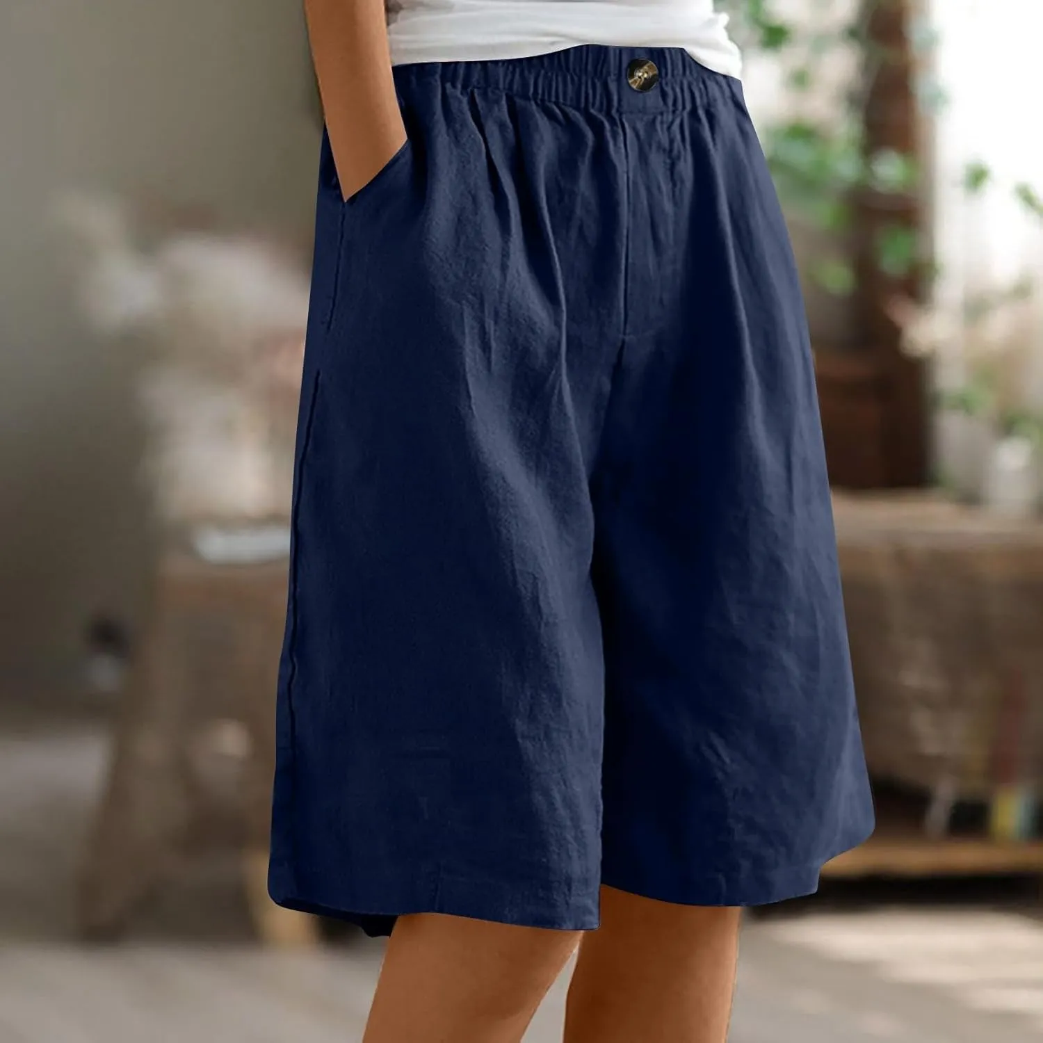Womens Wide Leg Cotton Linen Shorts Comfy Bermuda Shorts Summer Casual Short Pants Loose Knee Length Shorts