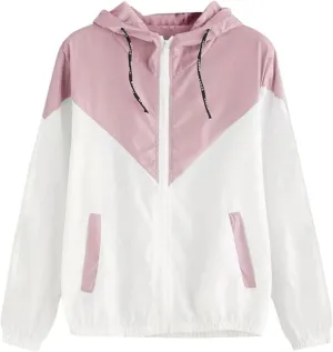 Womens Windbreaker Jacket Color Block Drawstring Hooded Sports Jacket Lightweight Outdoor Raincoat