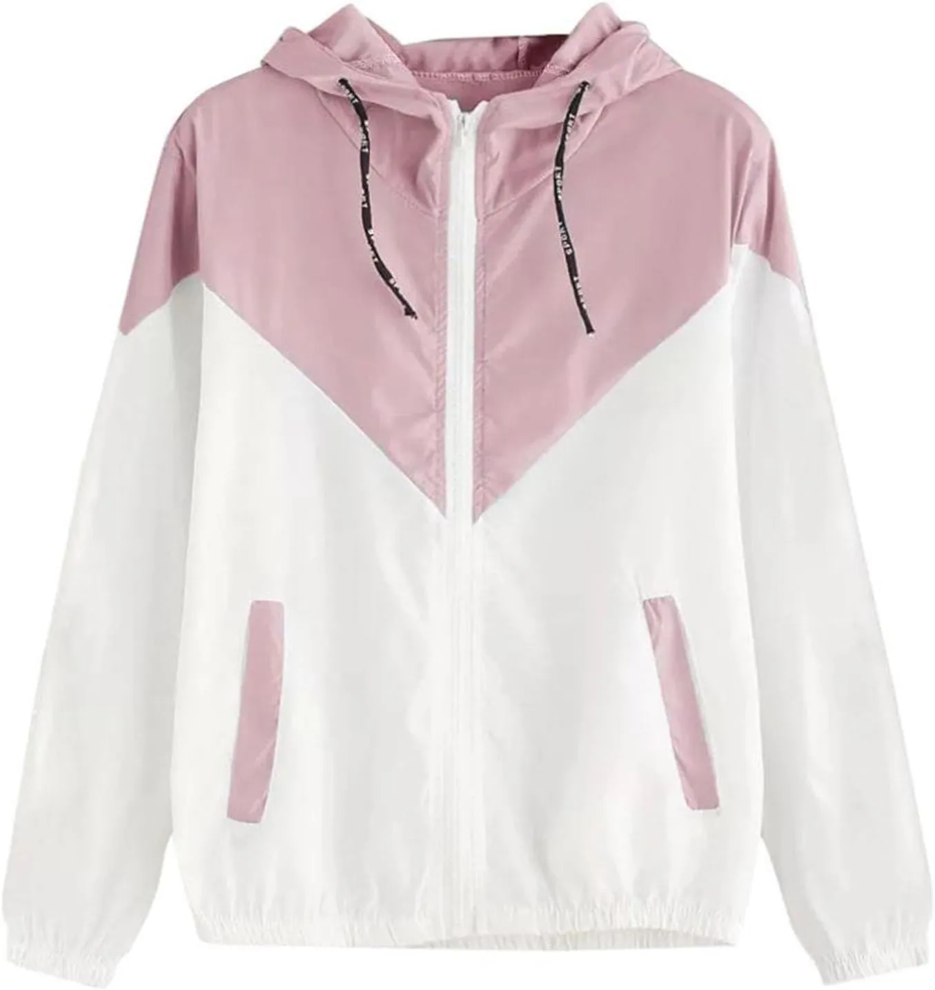 Womens Windbreaker Jacket Color Block Drawstring Hooded Sports Jacket Lightweight Outdoor Raincoat