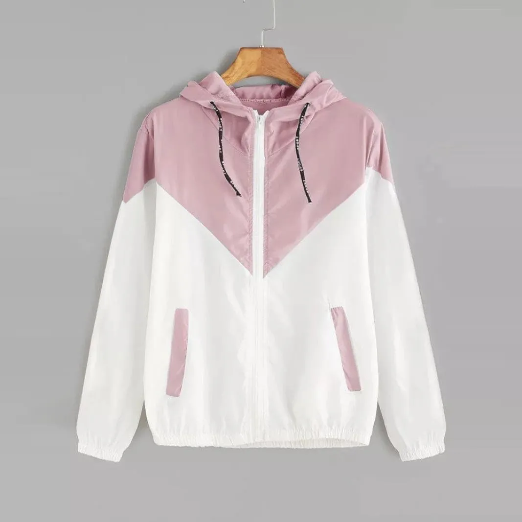Womens Windbreaker Jacket Color Block Drawstring Hooded Sports Jacket Lightweight Outdoor Raincoat