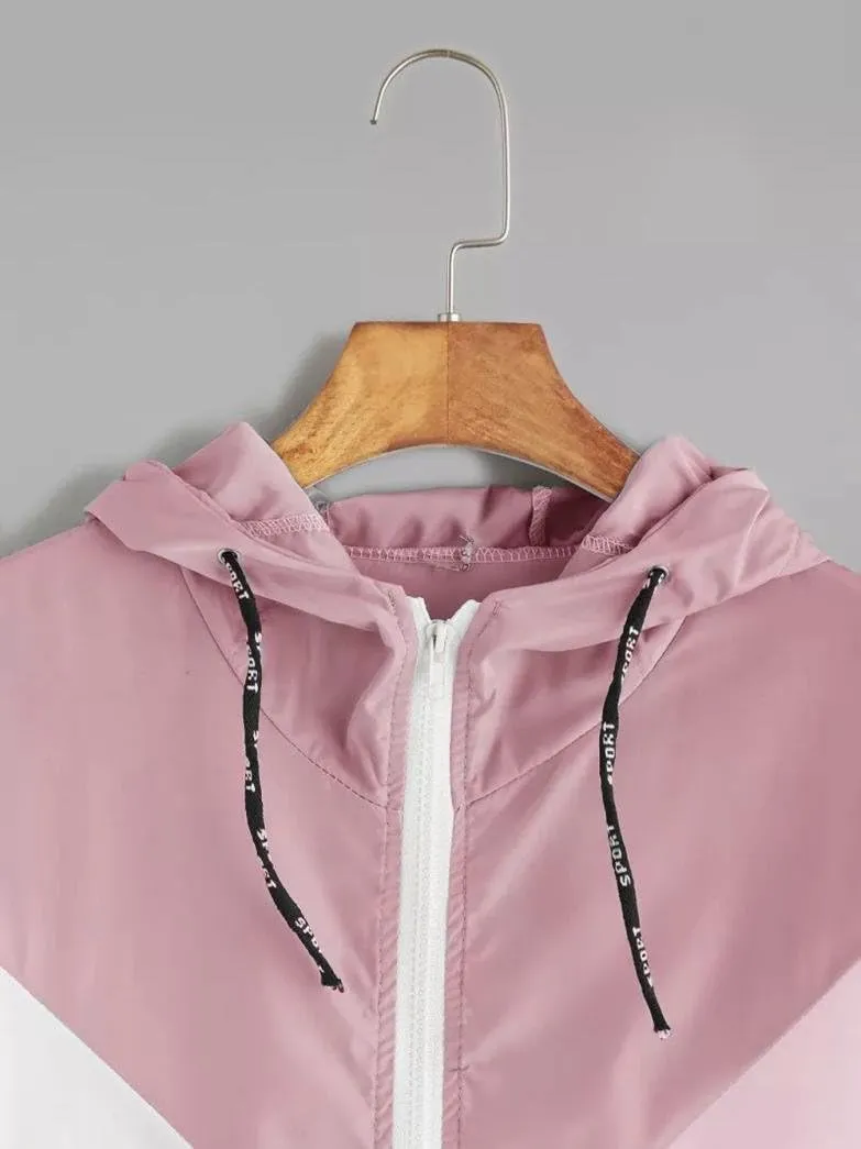 Womens Windbreaker Jacket Color Block Drawstring Hooded Sports Jacket Lightweight Outdoor Raincoat